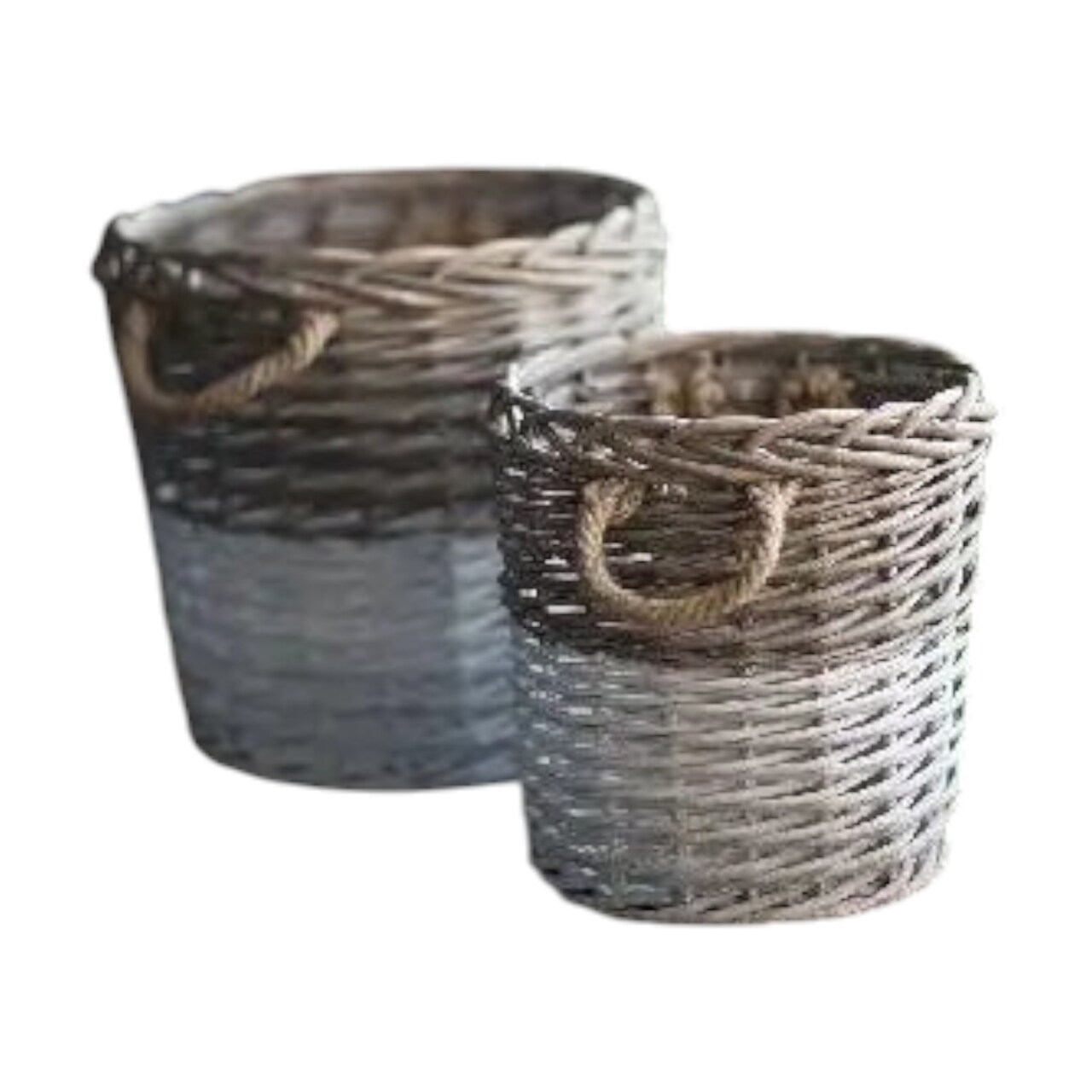 Set of 2 Round Willow Storage Baskets White Dipped Large Small Nesting Bins